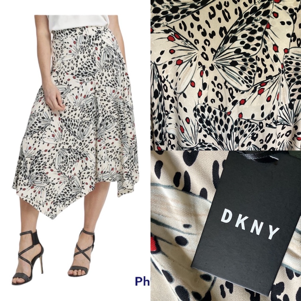 DKNY Stone Floral Butterfly Asymmetric-Hem Midi Skirt Beige Black Red NWT - Picture 2 of 14
